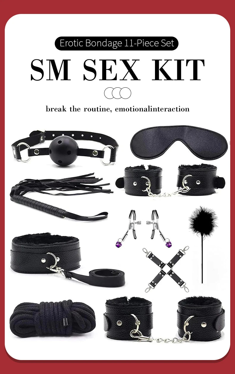 11-Piece Leather BDSM Bondage Kit – Couples Restraint & Fetish Play Set