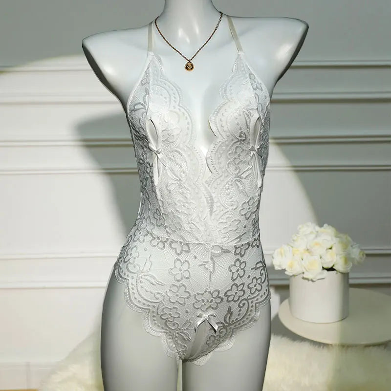Lace Deep V Transparent Bodysuit – Elegant Women’s Intimate Set