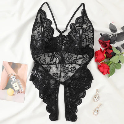 Lace Deep V Transparent Bodysuit – Elegant Women’s Intimate Set